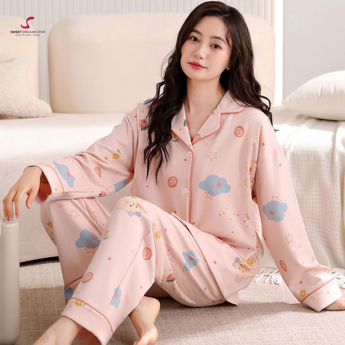 Luxury Bear & Dreamy Cloud Print Full-Length Pyjama Set