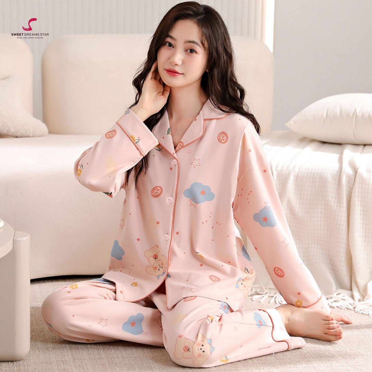 Luxury Bear & Dreamy Cloud Print Full-Length Pyjama Set