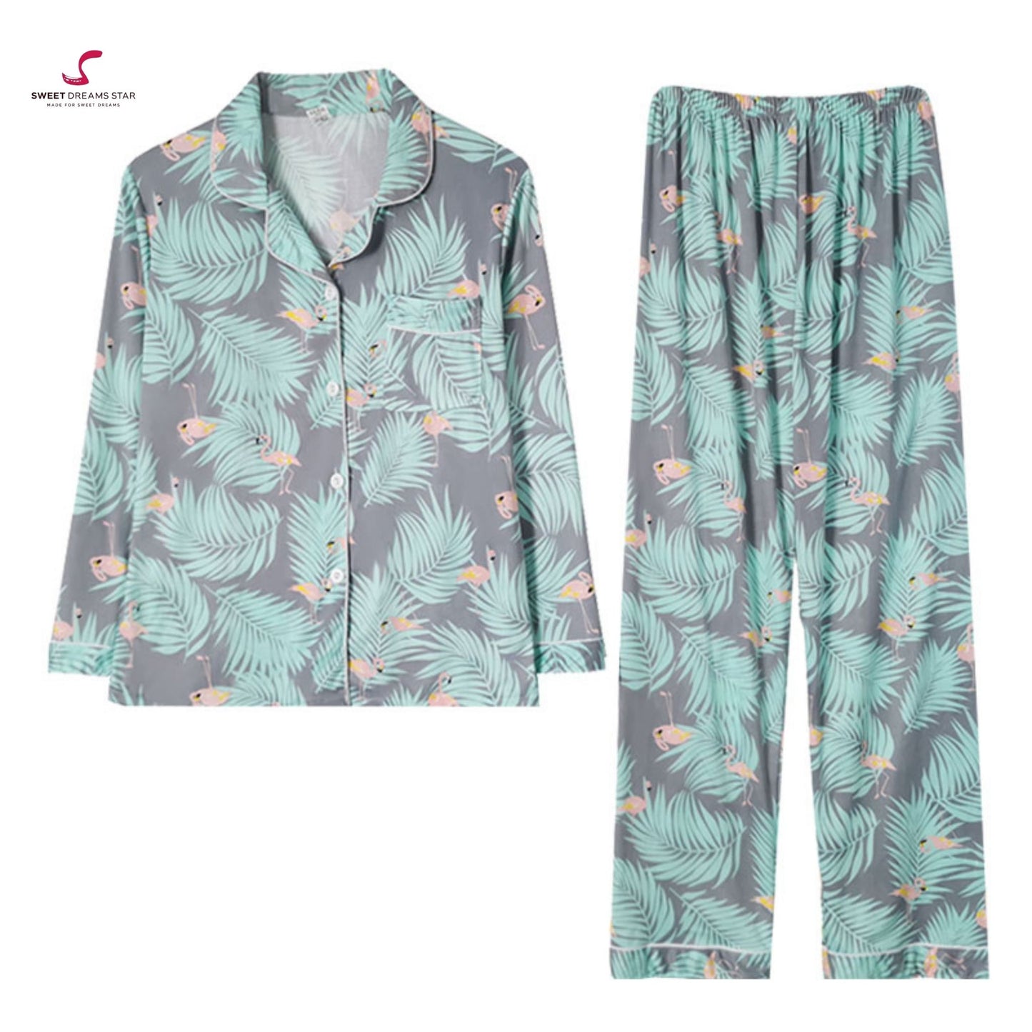 Flamingo & Tropical Leaf Print Full-Length Pyjama Set