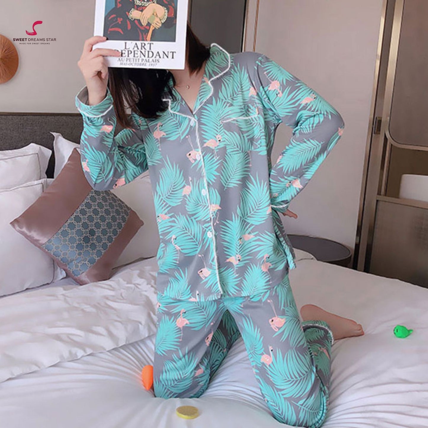 Flamingo & Tropical Leaf Print Full-Length Pyjama Set