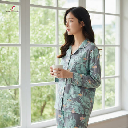 Flamingo & Tropical Leaf Print Full-Length Pyjama Set