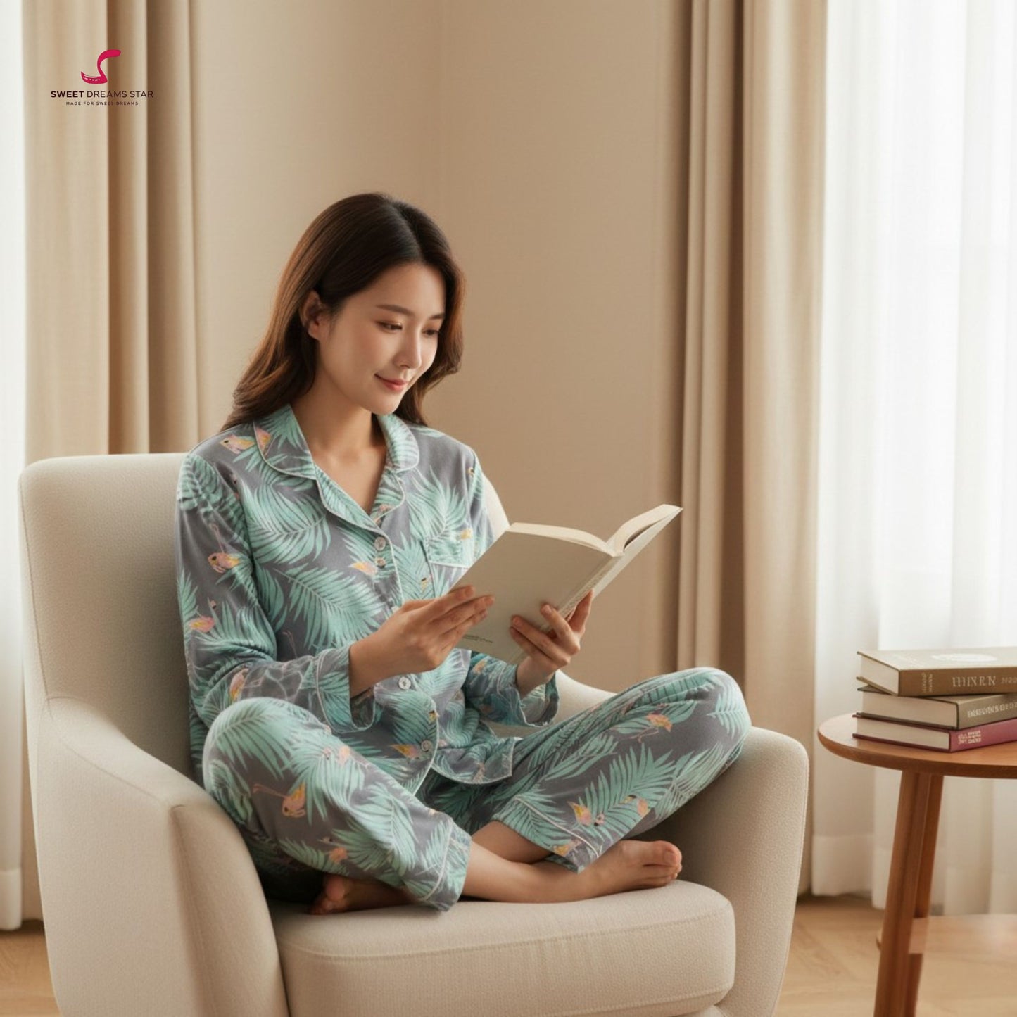 Flamingo & Tropical Leaf Print Full-Length Pyjama Set