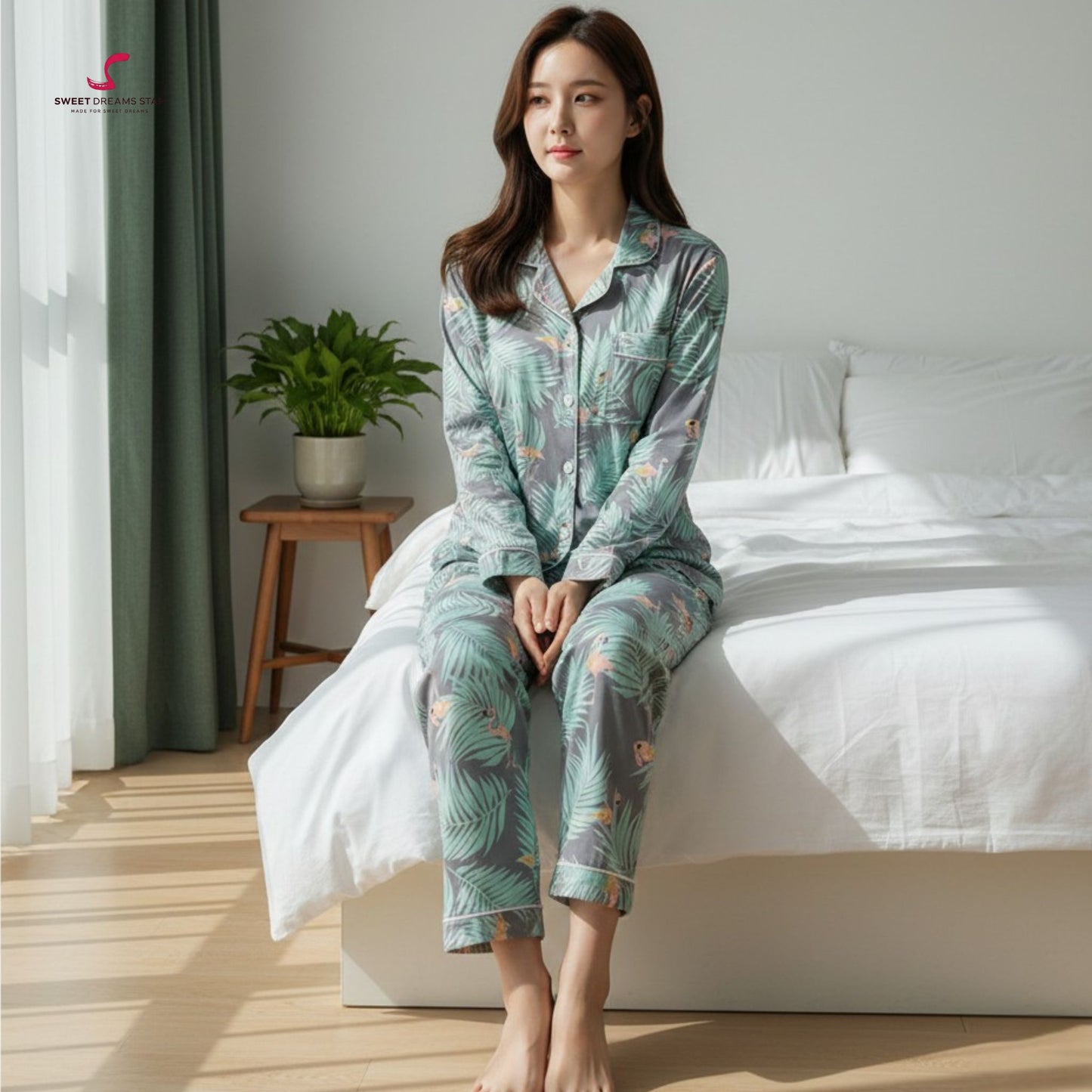 Flamingo & Tropical Leaf Print Full-Length Pyjama Set