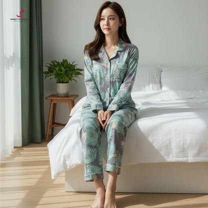 Flamingo & Tropical Leaf Print Full-Length Pyjama Set