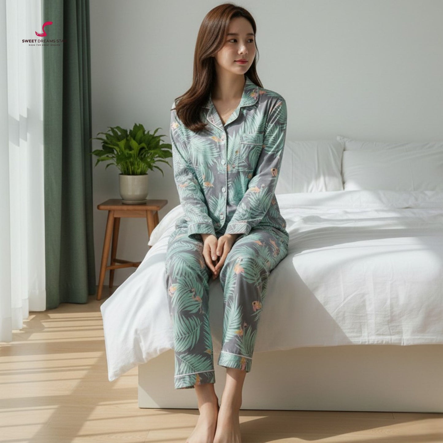 Flamingo & Tropical Leaf Print Full-Length Pyjama Set