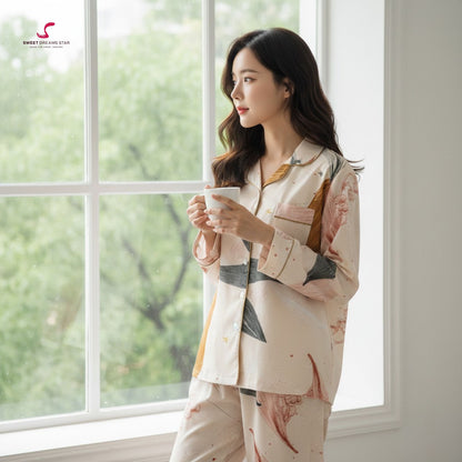 Abstract Floral & Star Print Full-Length Pyjama Set