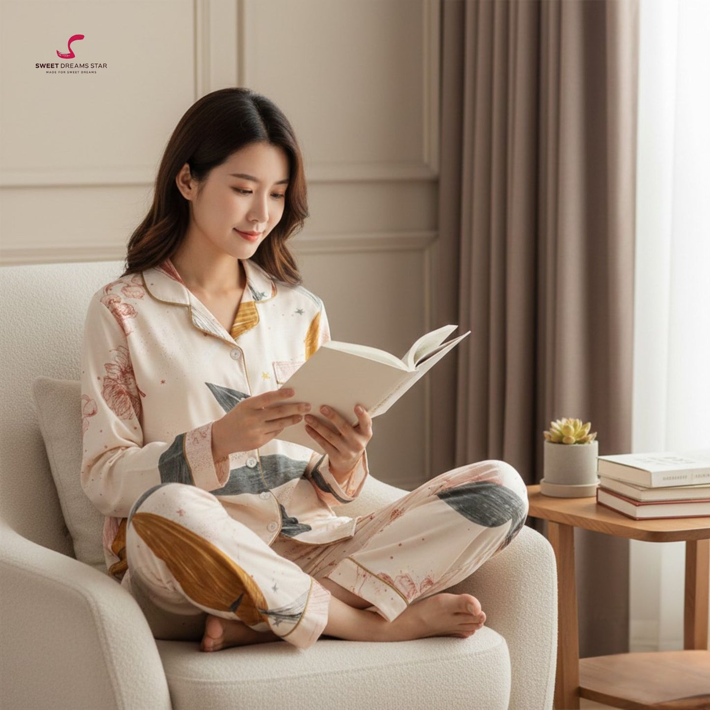 Abstract Floral & Star Print Full-Length Pyjama Set