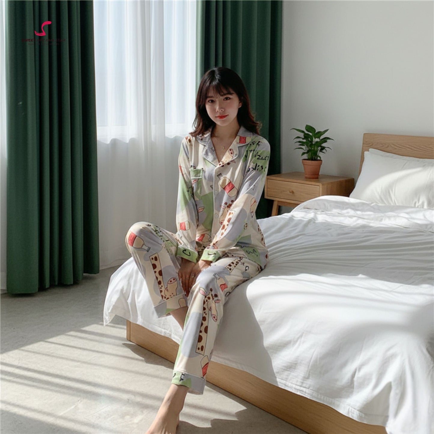Giraffe & Milk Bottle Print Full-Length Pyjama Set