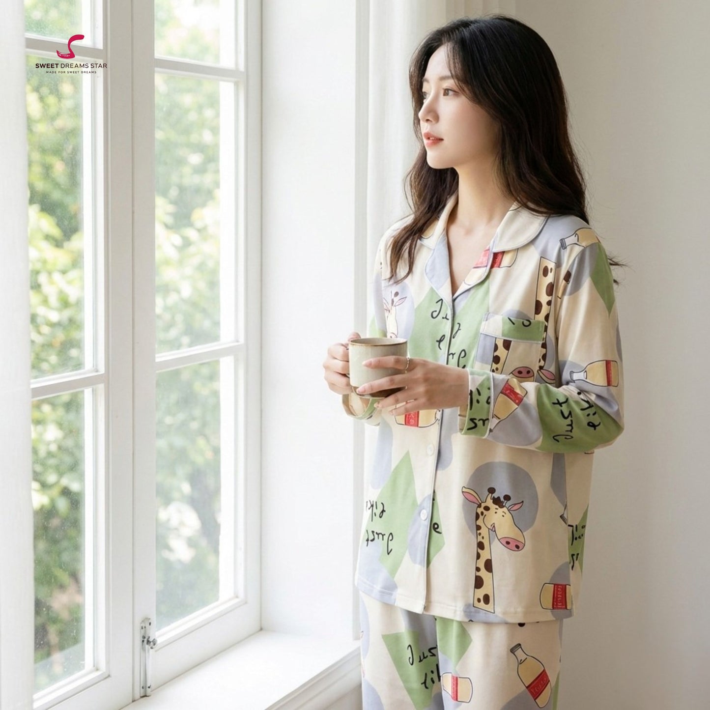 Giraffe & Milk Bottle Print Full-Length Pyjama Set