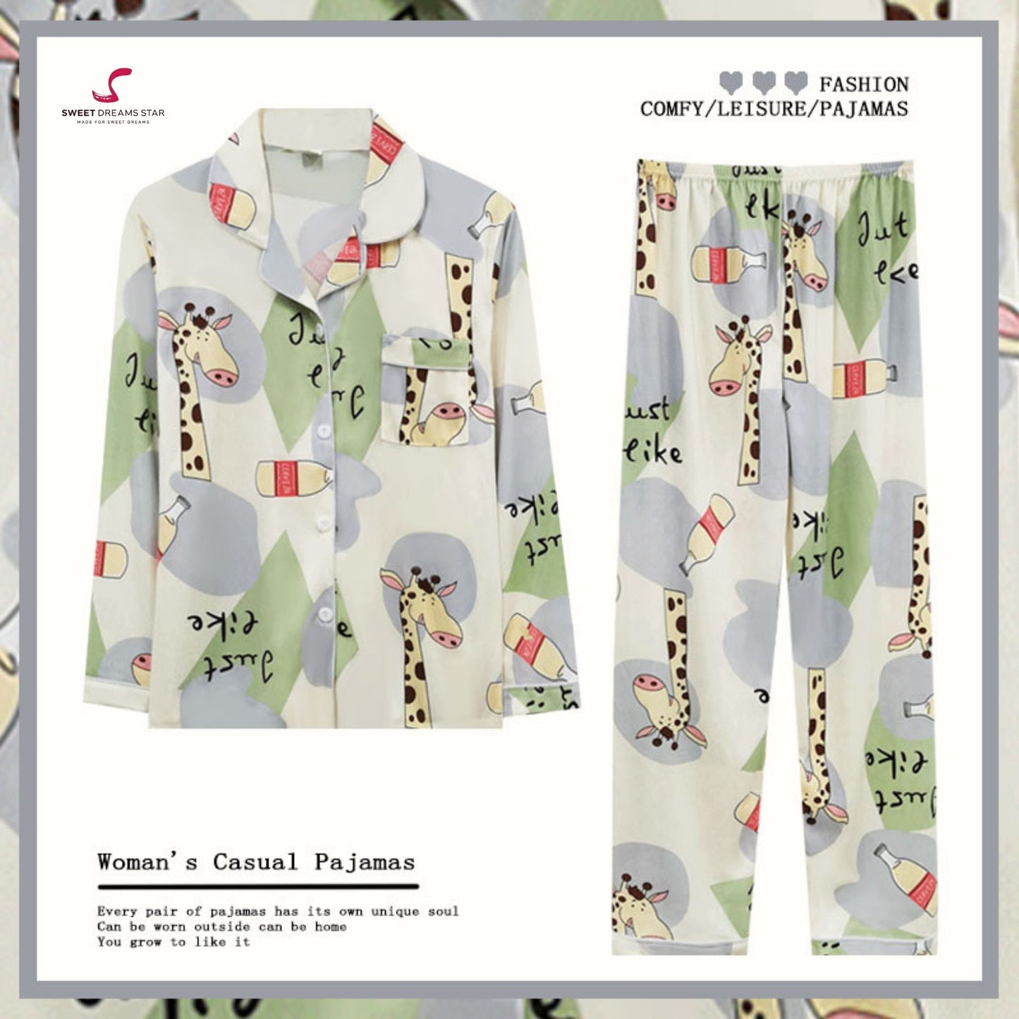 Giraffe & Milk Bottle Print Full-Length Pyjama Set