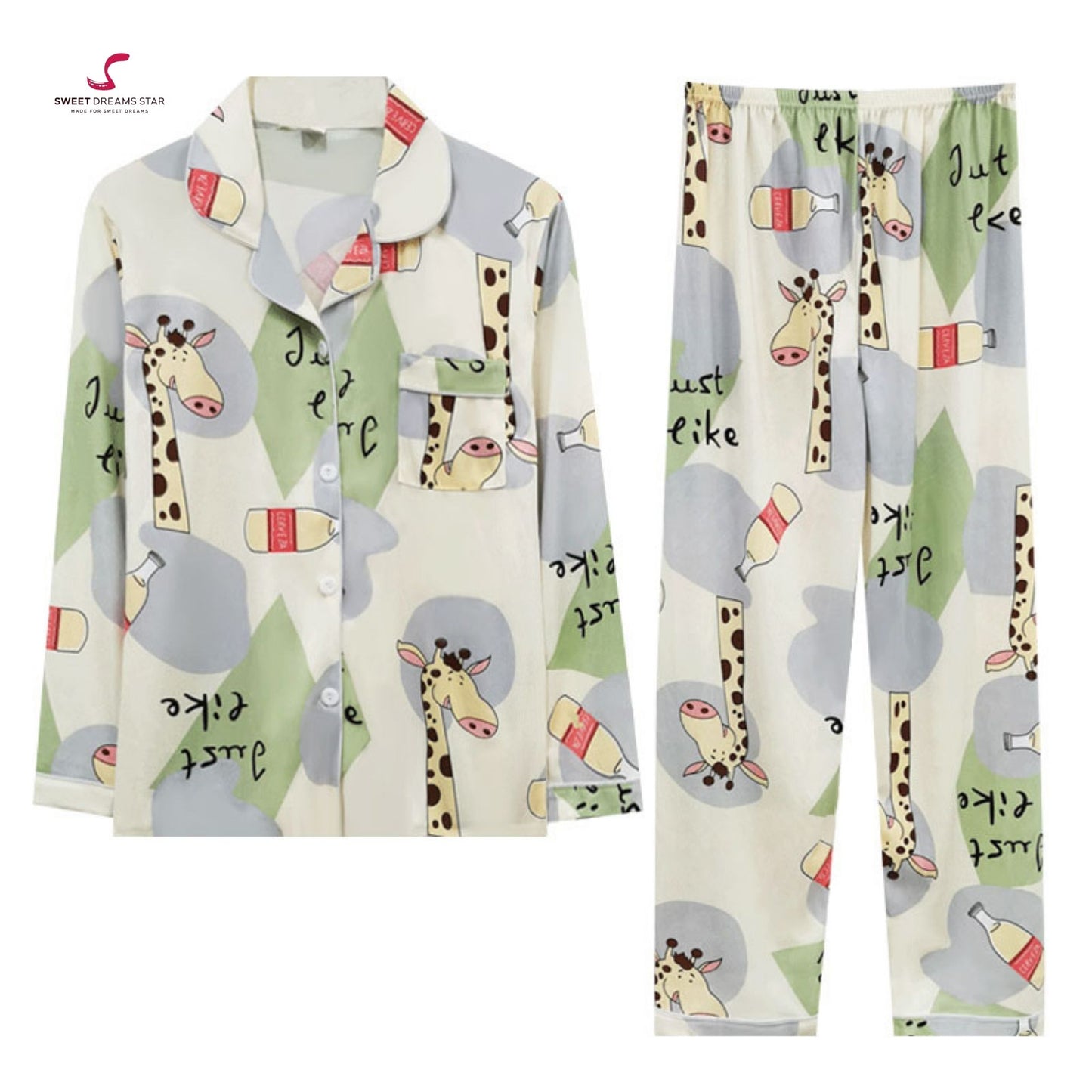 Giraffe & Milk Bottle Print Full-Length Pyjama Set