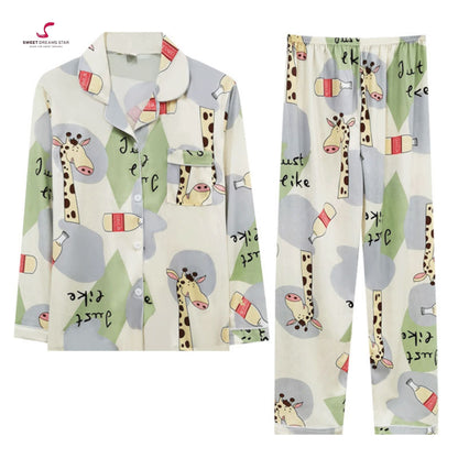 Giraffe & Milk Bottle Print Full-Length Pyjama Set