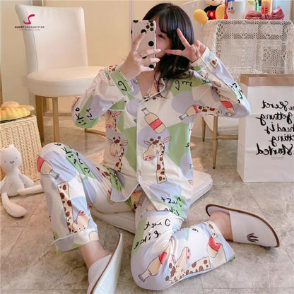 Giraffe & Milk Bottle Print Full-Length Pyjama Set