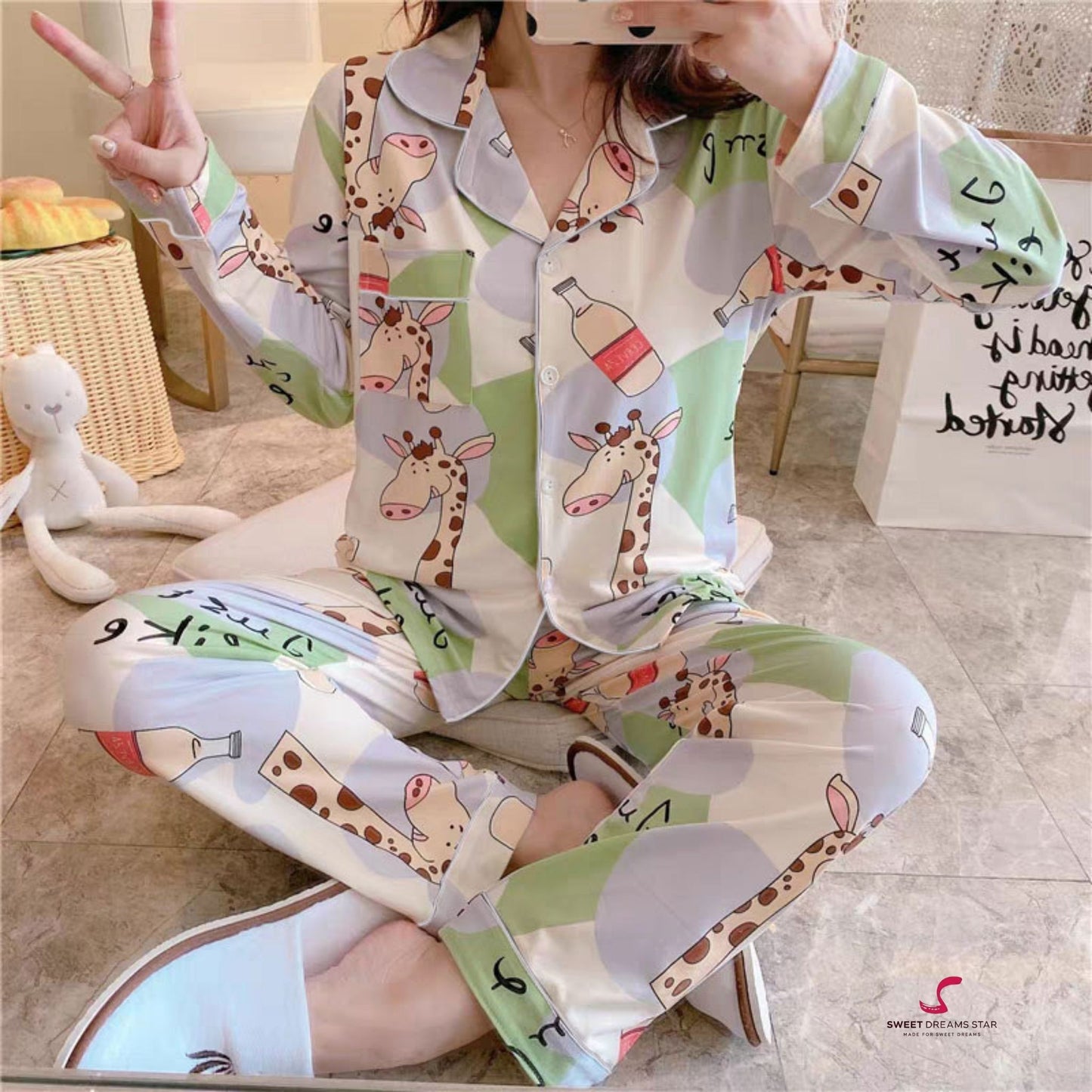 Giraffe & Milk Bottle Print Full-Length Pyjama Set