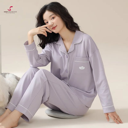 Luxury Cloud Embroidered Solid Full-Length Pyjama Set