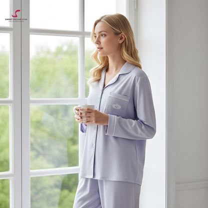 Luxury Cloud Embroidered Solid Full-Length Pyjama Set