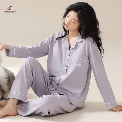 Luxury Cloud Embroidered Solid Full-Length Pyjama Set