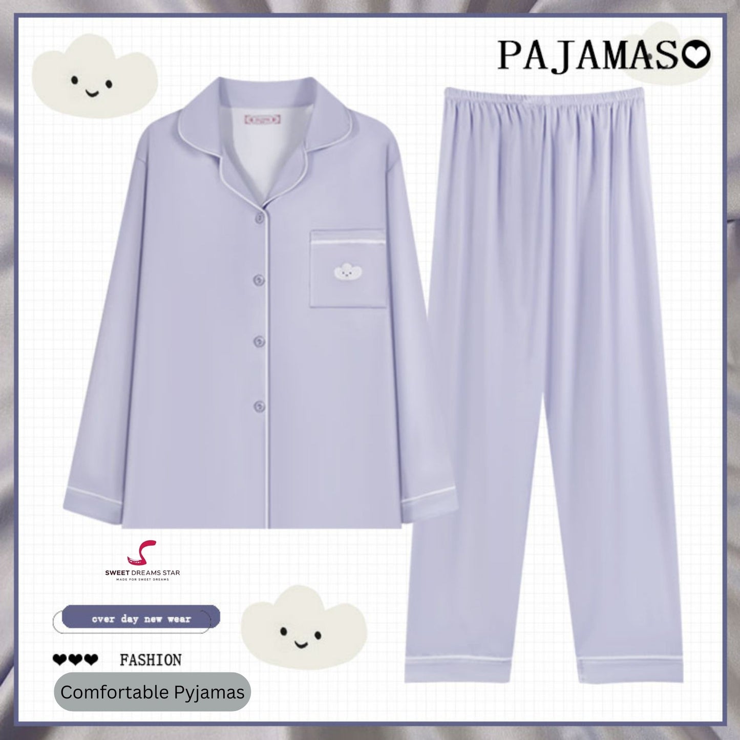 Luxury Cloud Embroidered Solid Full-Length Pyjama Set