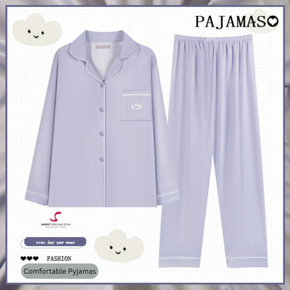 Luxury Cloud Embroidered Solid Full-Length Pyjama Set