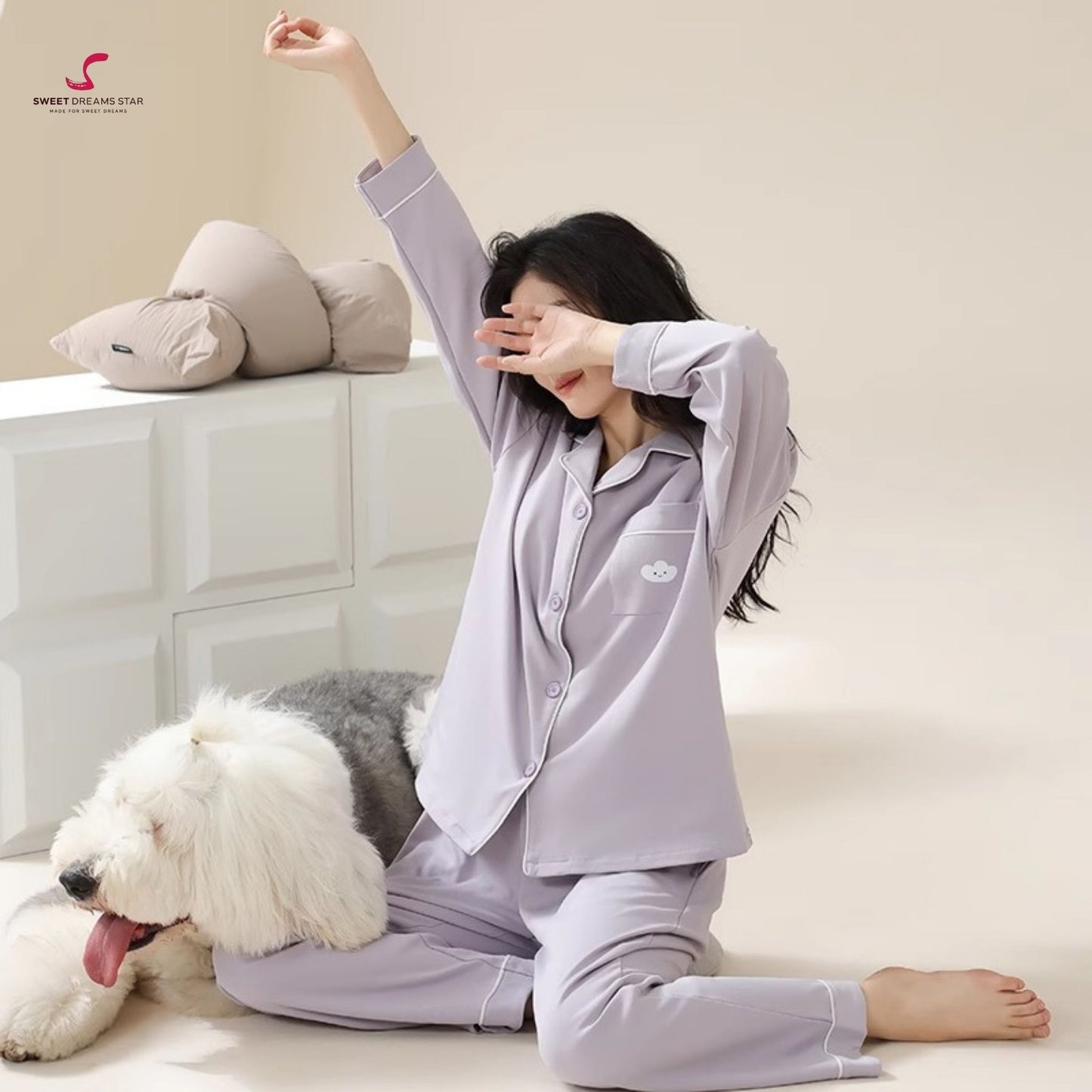 Luxury Cloud Embroidered Solid Full-Length Pyjama Set