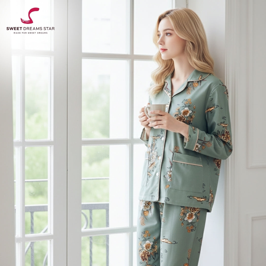 Luxury Oriental Floral & Crane Print Full-Length Pyjama Set