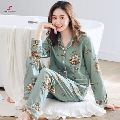 Luxury Oriental Floral & Crane Print Full-Length Pyjama Set