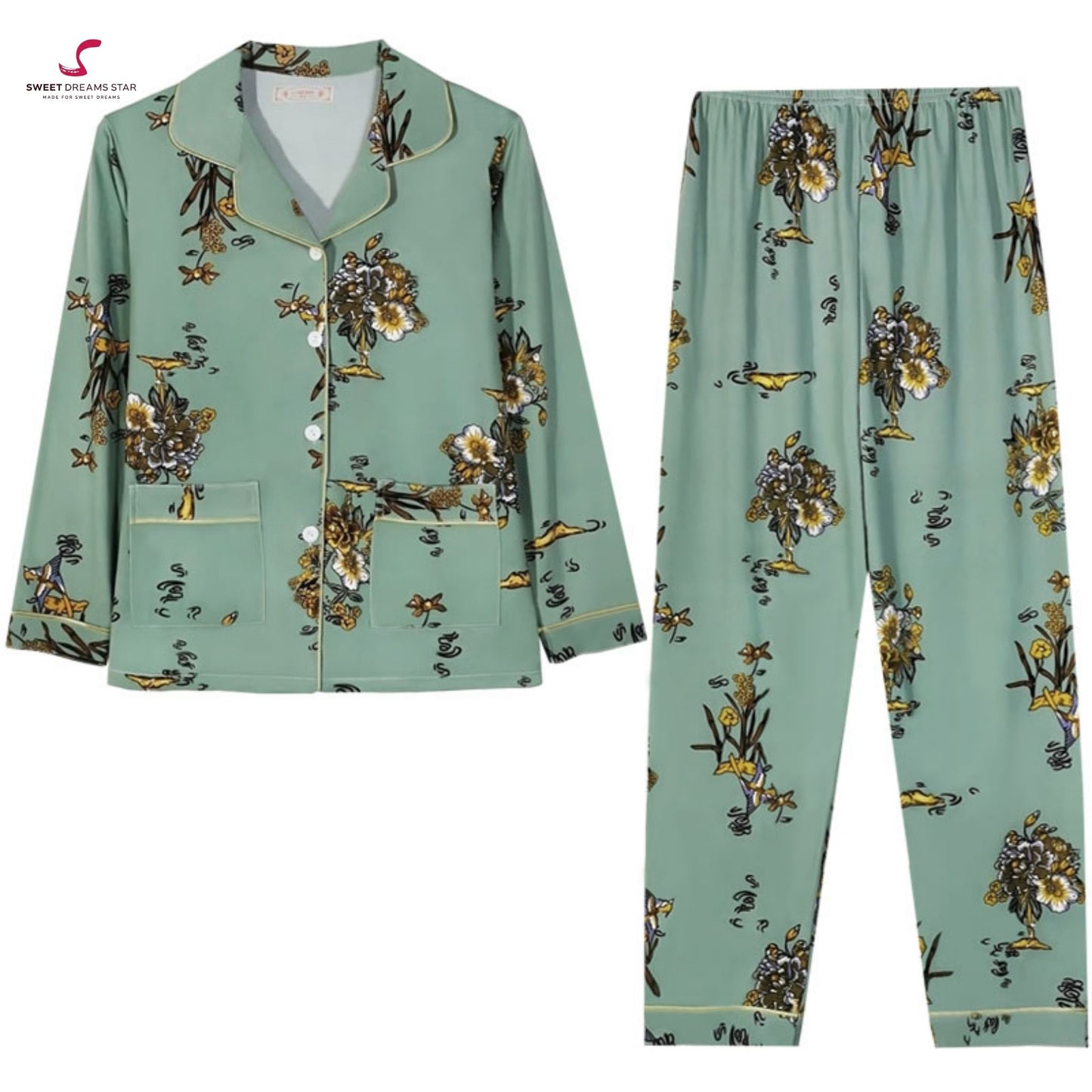 Luxury Oriental Floral & Crane Print Full-Length Pyjama Set