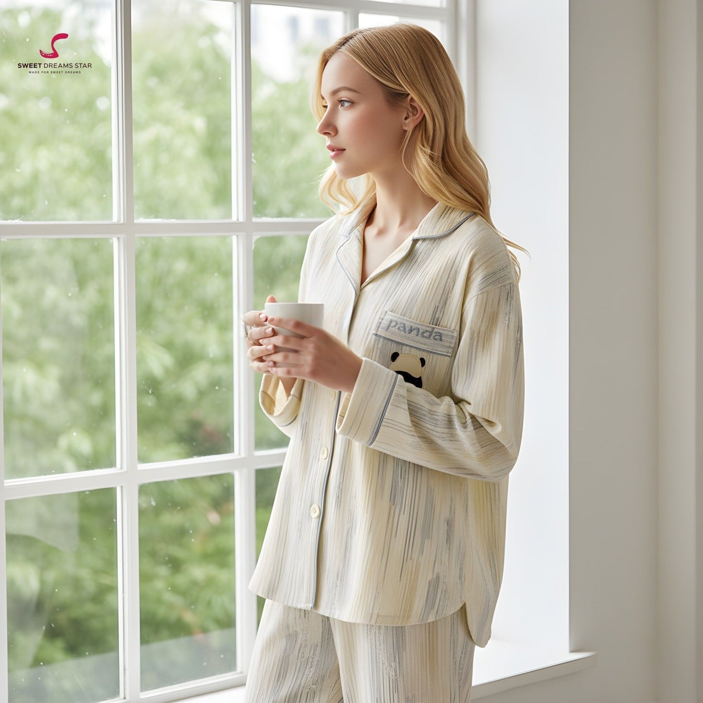 Luxury Panda Embroidered Stripe Full-Length Pyjama Set