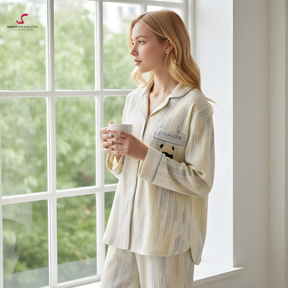 Luxury Panda Embroidered Stripe Full-Length Pyjama Set