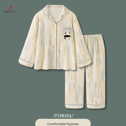 Luxury Panda Embroidered Stripe Full-Length Pyjama Set