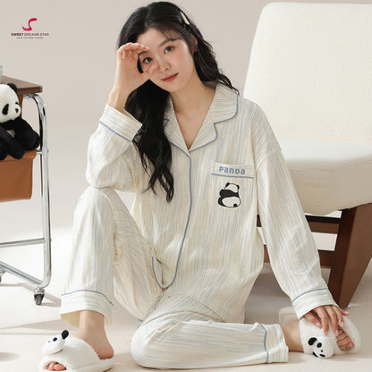 Luxury Panda Embroidered Stripe Full-Length Pyjama Set