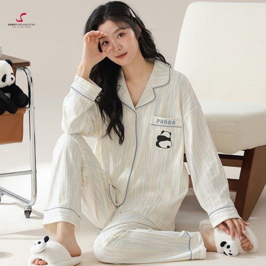 Luxury Panda Embroidered Stripe Full-Length Pyjama Set