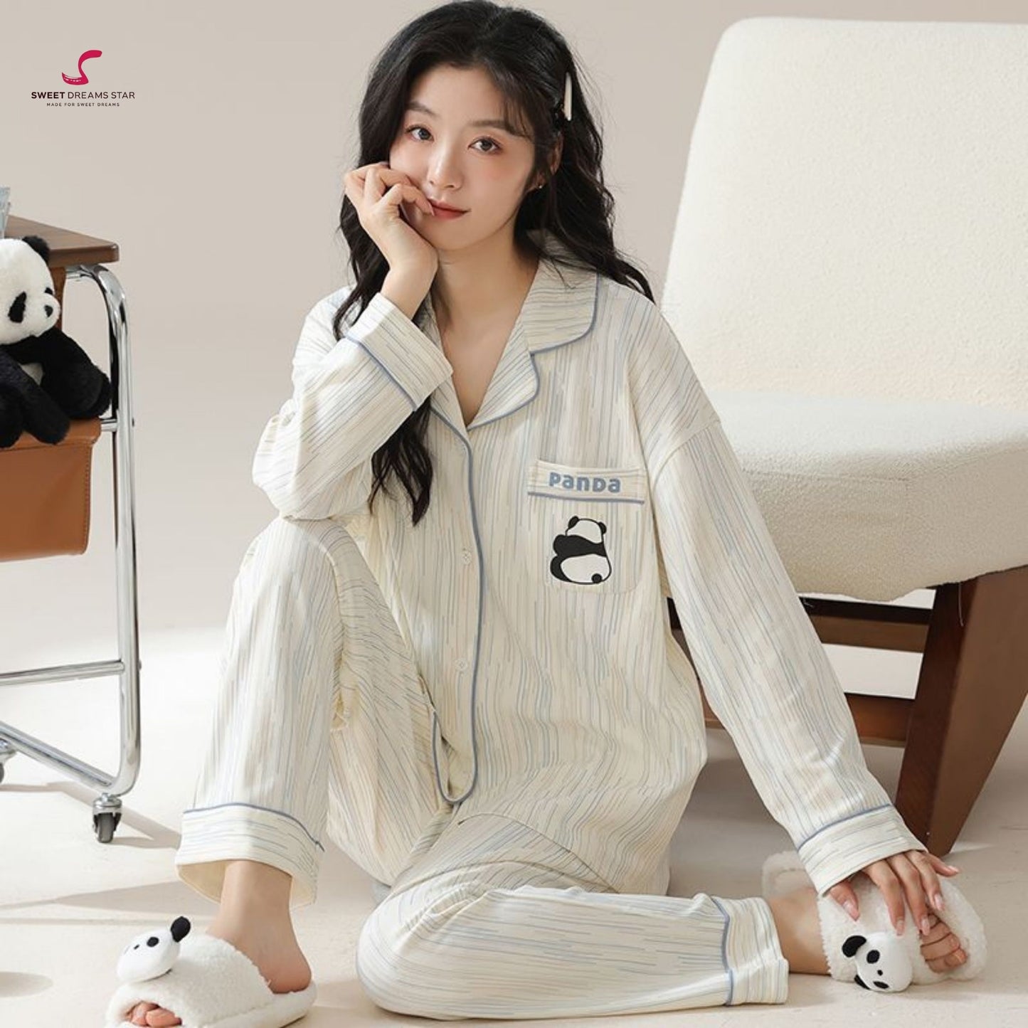 Luxury Panda Embroidered Stripe Full-Length Pyjama Set
