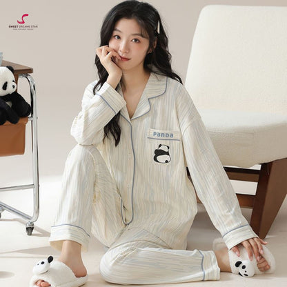 Luxury Panda Embroidered Stripe Full-Length Pyjama Set