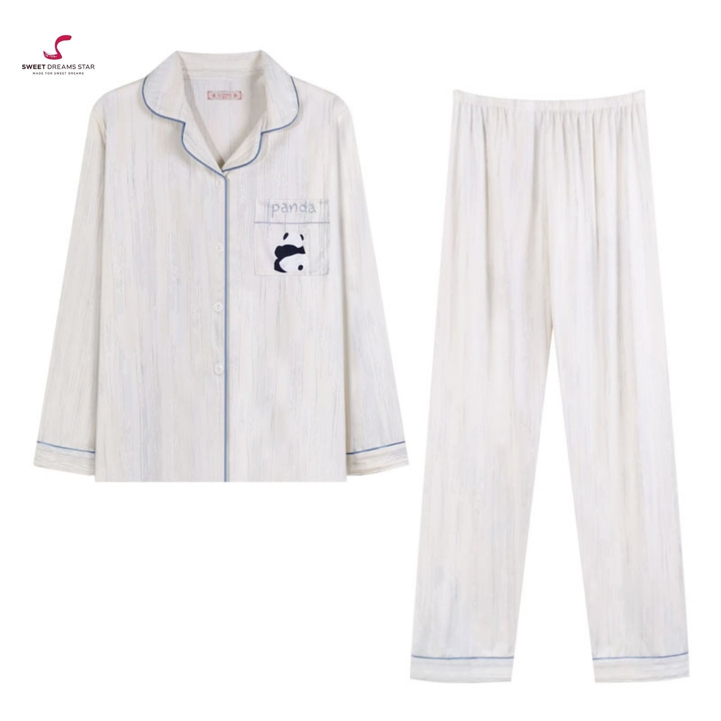 Luxury Panda Embroidered Stripe Full-Length Pyjama Set
