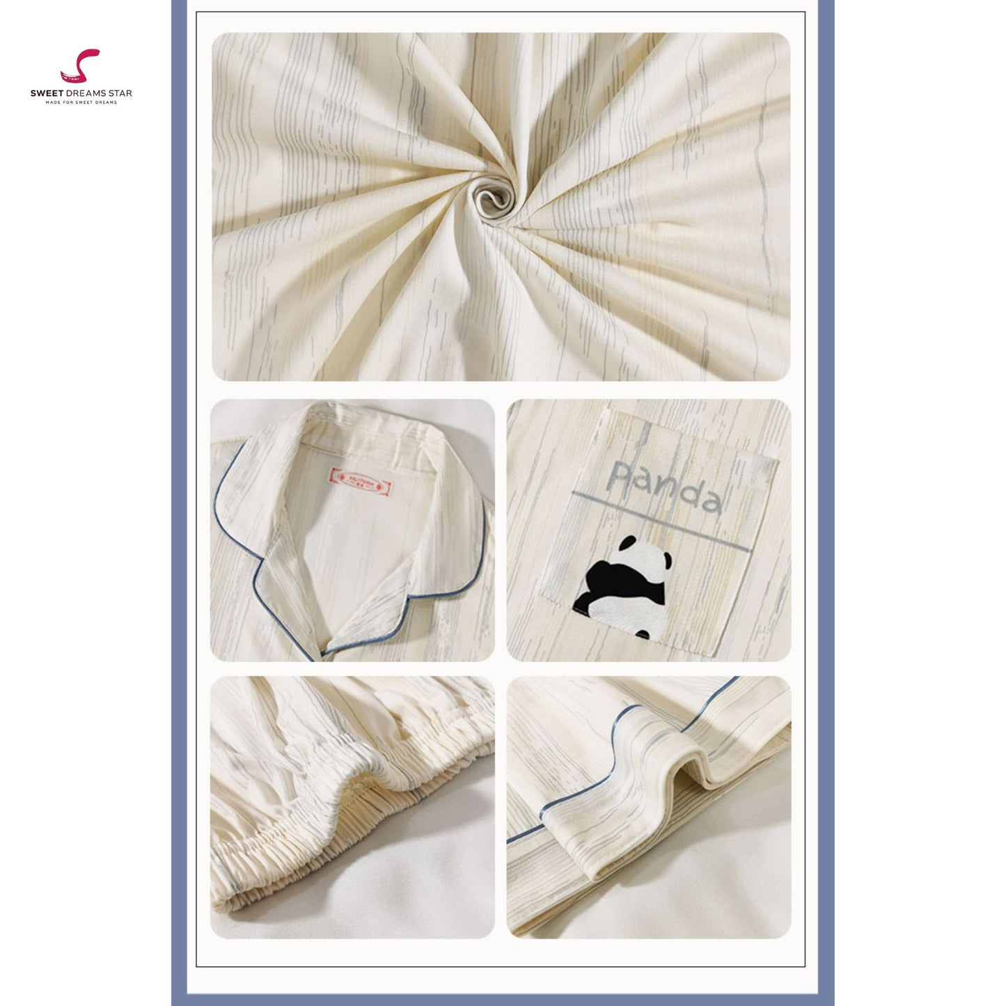 Luxury Panda Embroidered Stripe Full-Length Pyjama Set