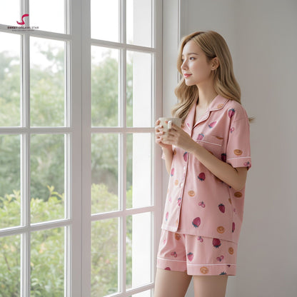 Strawberry & Fruit Print Short Sleeve Pyjama Shorts Set