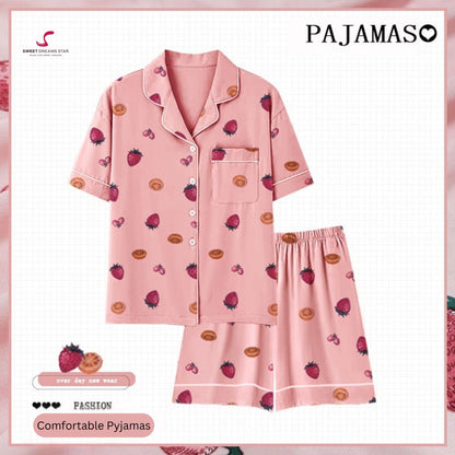 Strawberry & Fruit Print Short Sleeve Pyjama Shorts Set