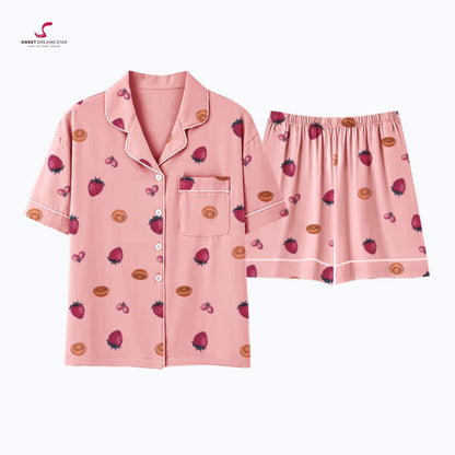 Strawberry & Fruit Print Short Sleeve Pyjama Shorts Set