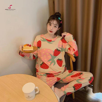 Strawberry Women’s Long Pyjama Set – Beige
