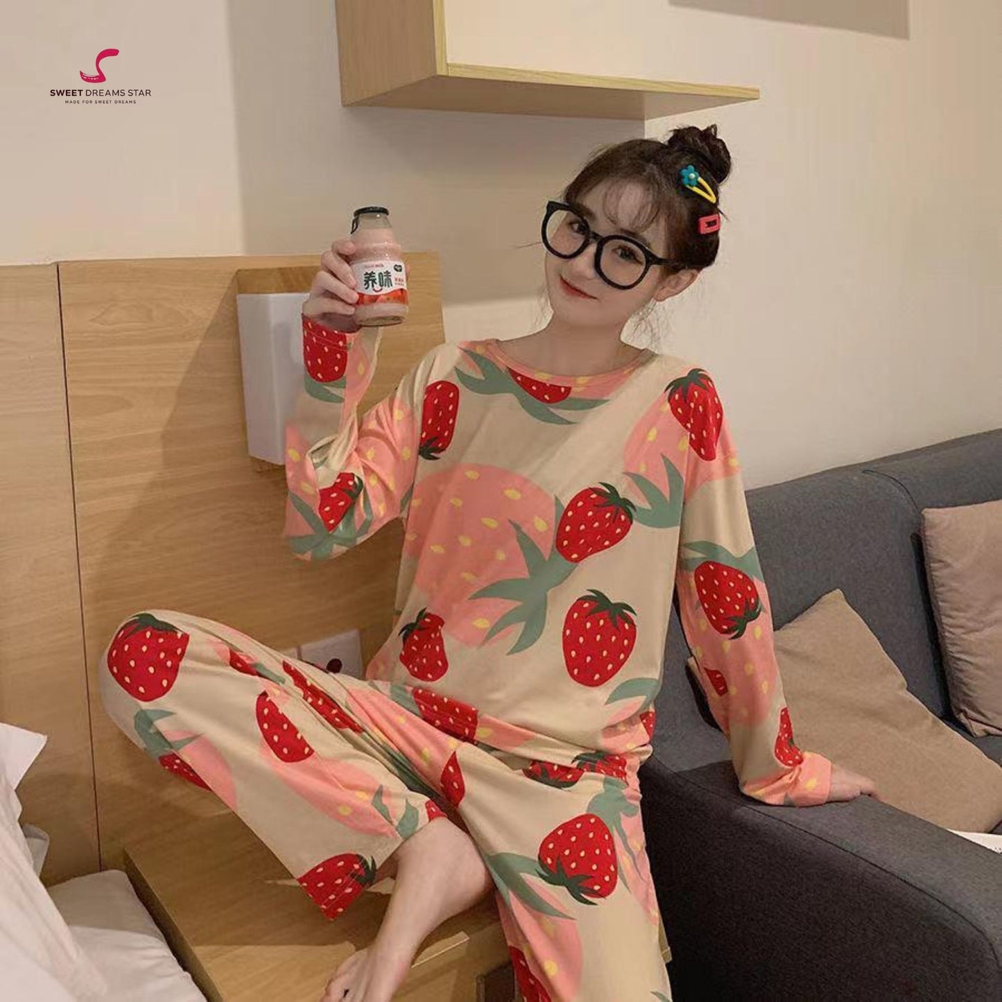 Strawberry Women’s Long Pyjama Set – Beige
