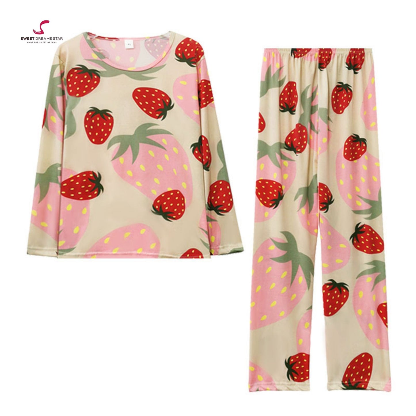 Strawberry Women’s Long Pyjama Set – Beige