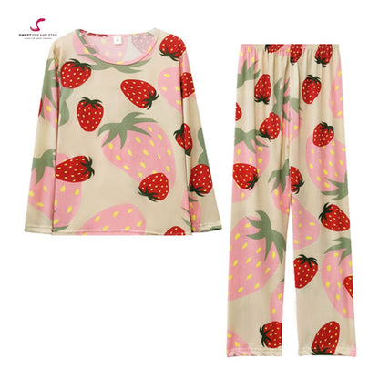 Strawberry Women’s Long Pyjama Set – Beige