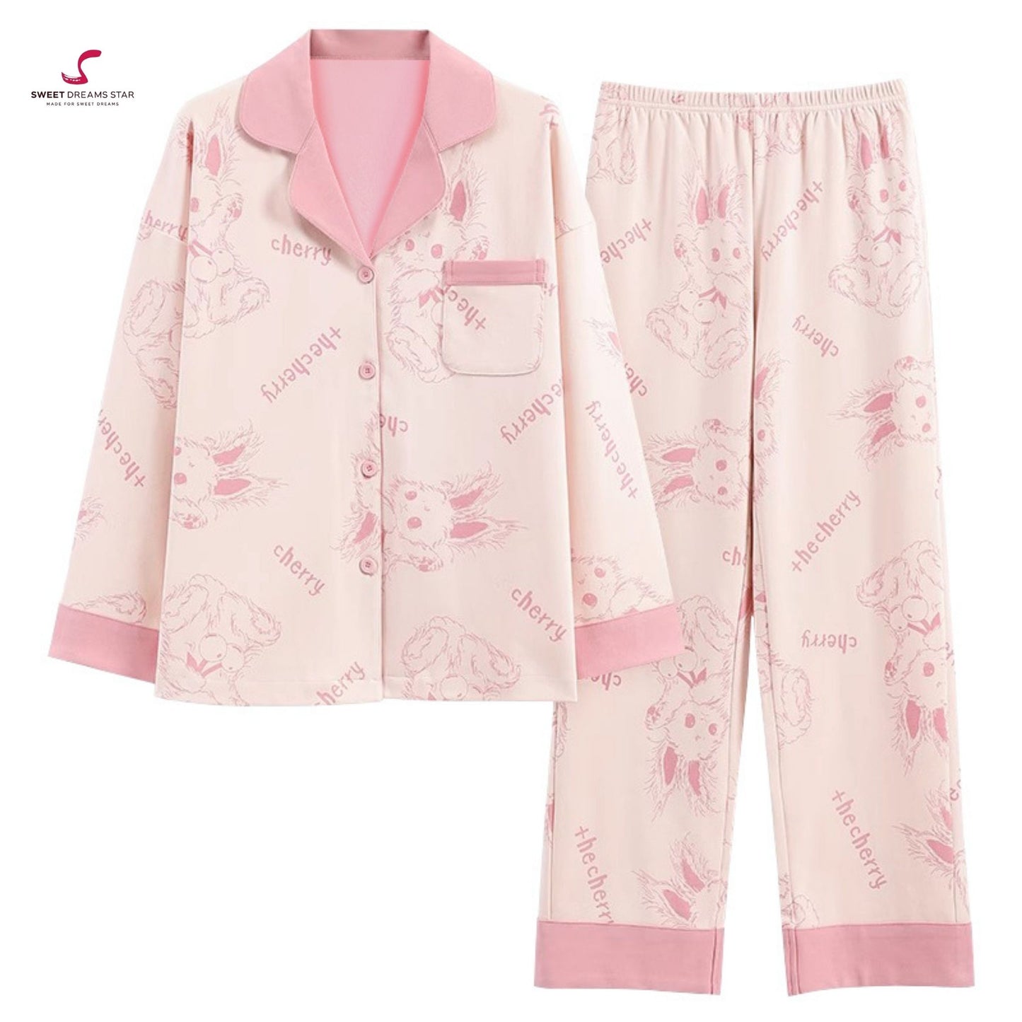 Luxury Bunny & Cherry Print Full-Length Pyjama Set