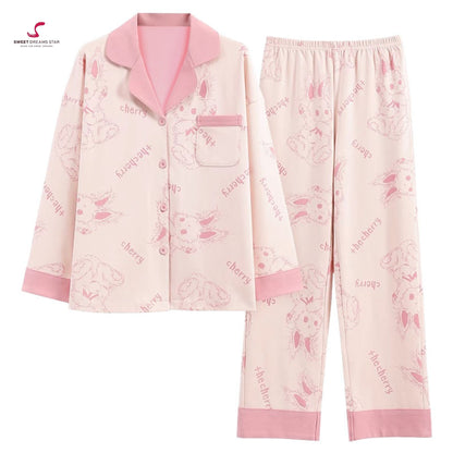 Luxury Bunny & Cherry Print Full-Length Pyjama Set