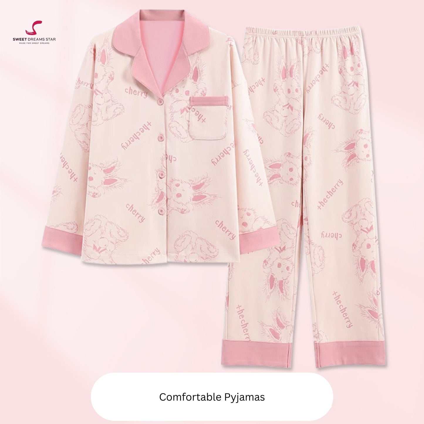 Luxury Bunny & Cherry Print Full-Length Pyjama Set