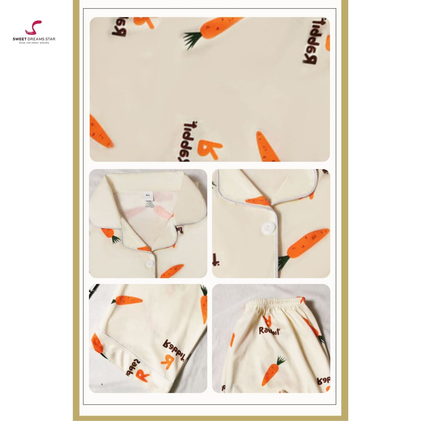 "Rabbit R" Carrot Print Full-Length Pyjama Set