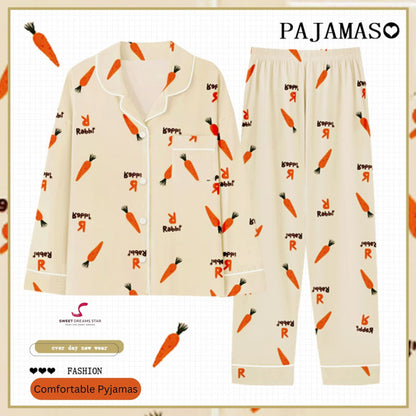 "Rabbit R" Carrot Print Full-Length Pyjama Set