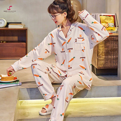 "Rabbit R" Carrot Print Full-Length Pyjama Set