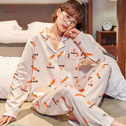 "Rabbit R" Carrot Print Full-Length Pyjama Set